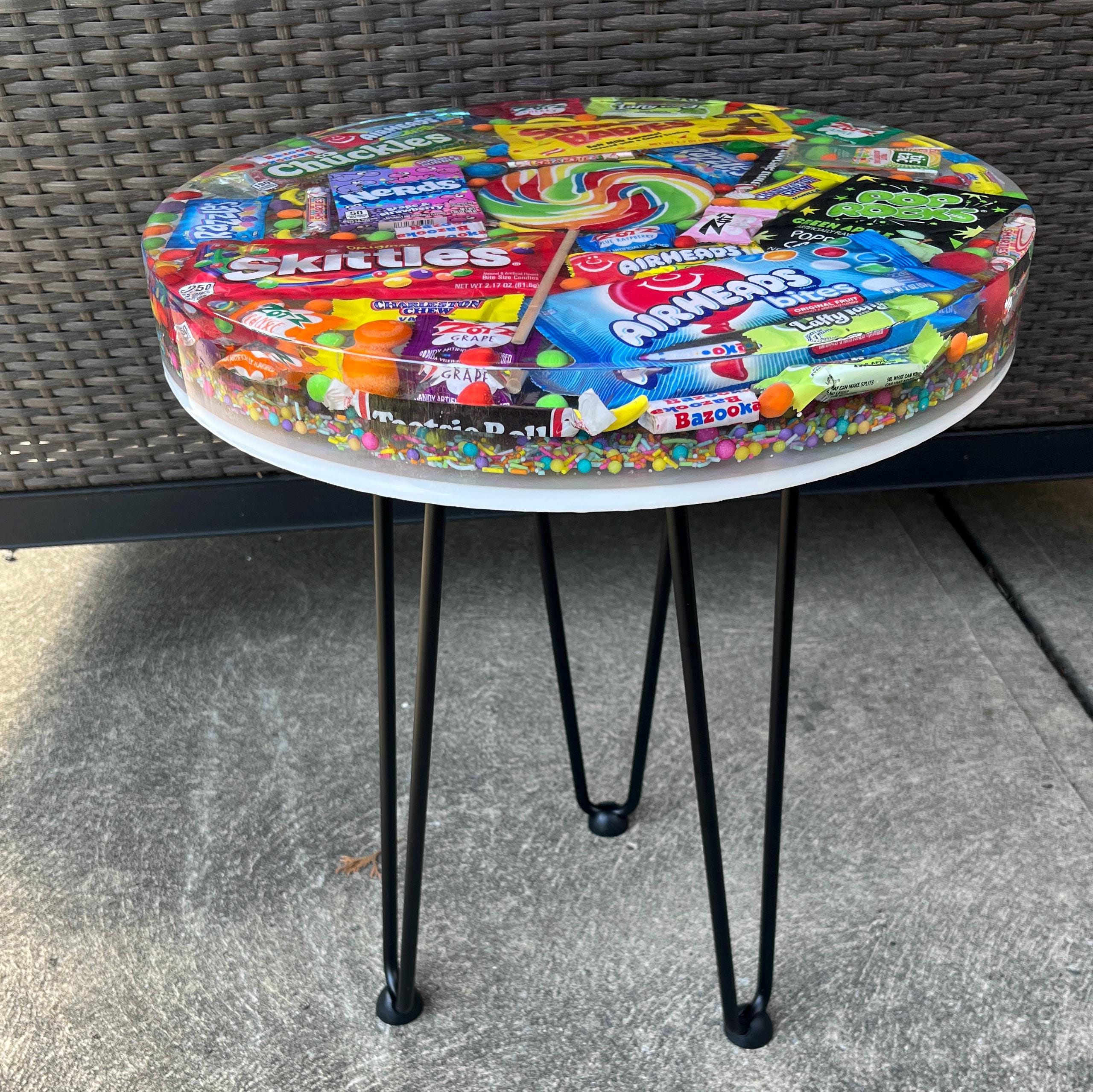 Candy-filled resin top accent table
