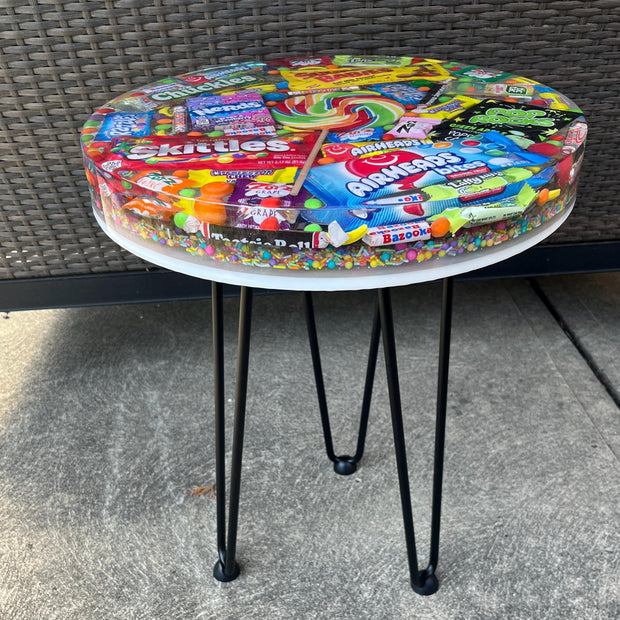 Candy-filled resin top accent table