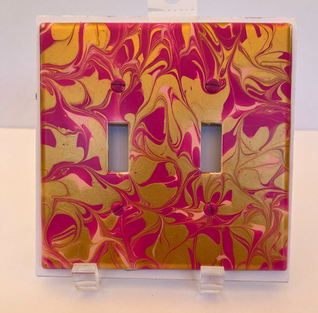 Hand Painted Double Light Switch Cover: Pink & Gold Paint Pour