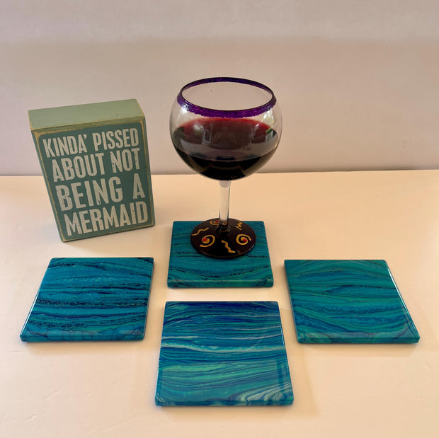 Ocean Ceramic Coaster Set: Resin Sealed Coastal Decor