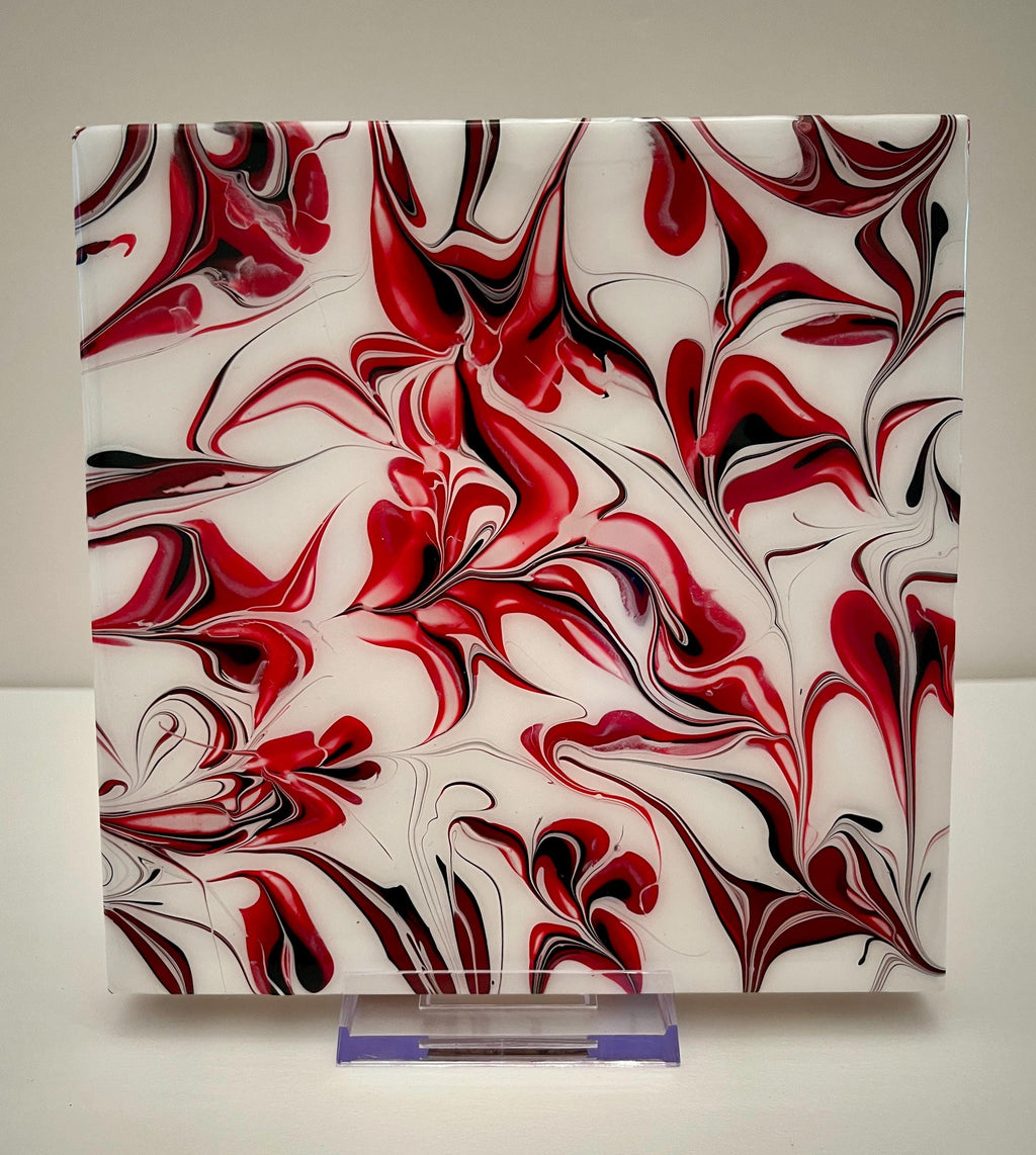 Hand Painted Red, Black and White Tile Trivet, Food-Safe, Heat-Resistant, One-of-a-Kind Kitchen Art
