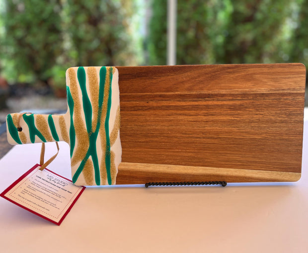 Handmade Acacia Wood Charcuterie Board: Green, Gold & White Resin