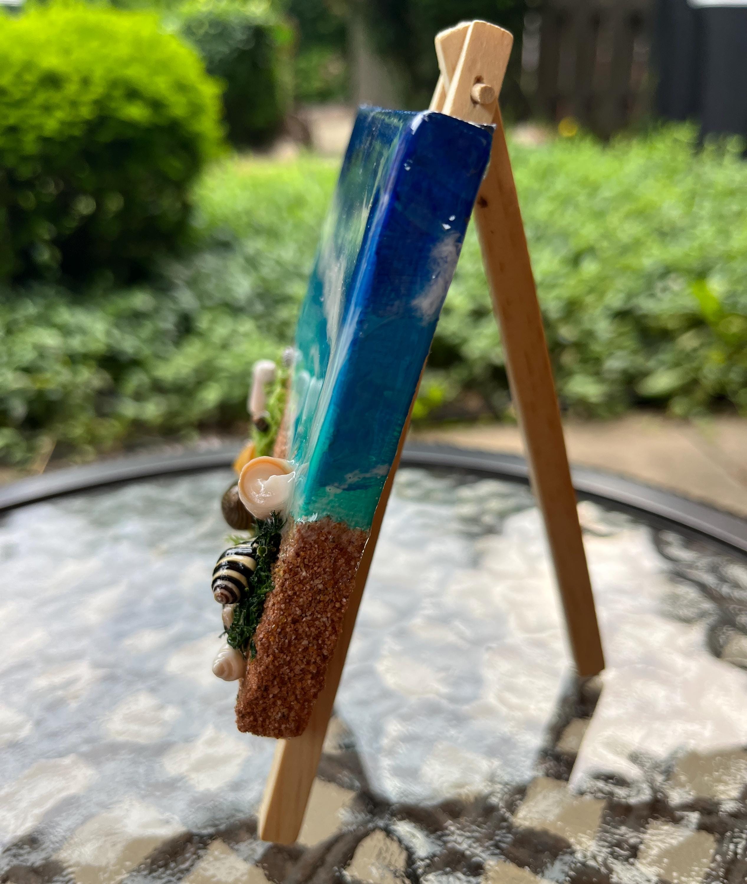 Miniature Beach Canvas Art: Real Sand & Seashell Seascape with Easel