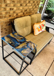Hand-Painted Epoxy Resin C Table: Blue and Gold Marble Accent Table