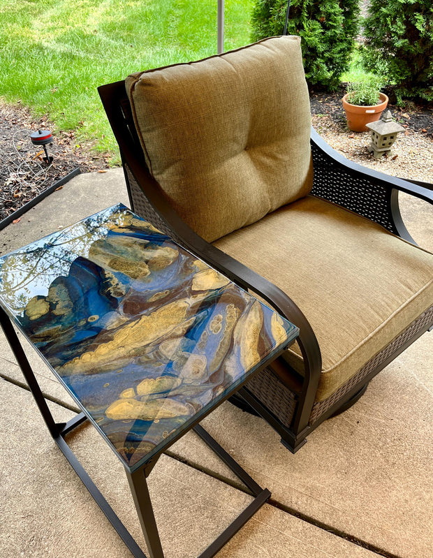 Hand-Painted Epoxy Resin C Table: Blue and Gold Marble Accent Table