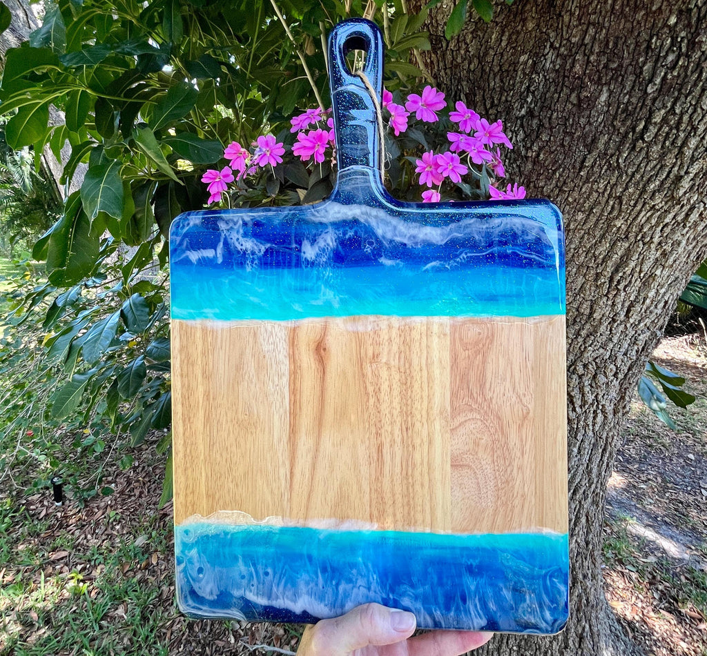 Beach-Themed Acacia Wood Charcuterie Board | Hand-Painted & Resin-Sealed | 17"x11"