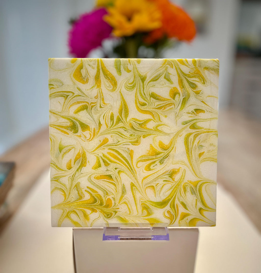 Hand Painted Tile Trivet: Yellow, Green, Iridescent Kitchen Art