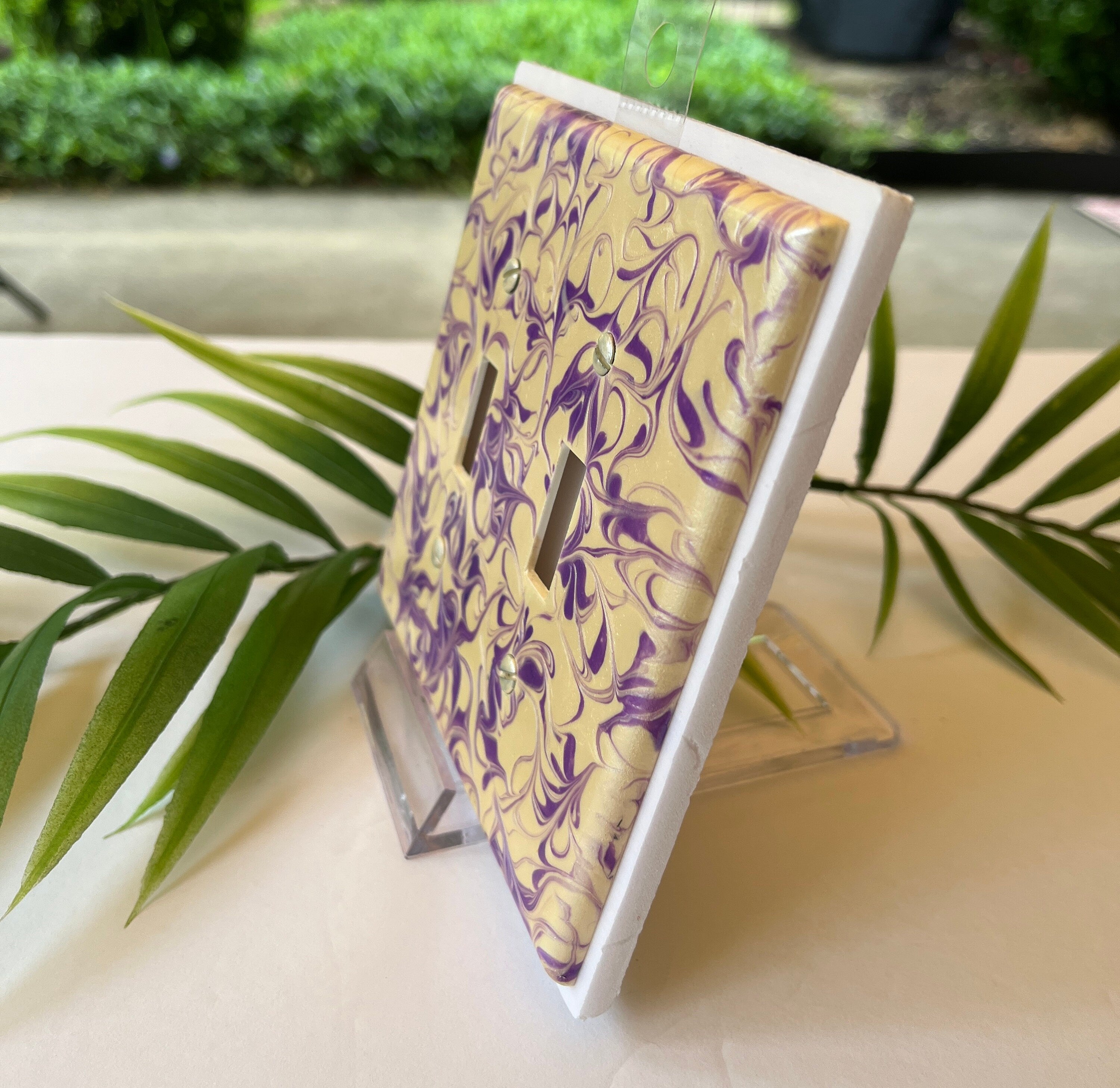 Hand Painted Double Toggle Light Switch Cover: Metallic Ivory & Purple