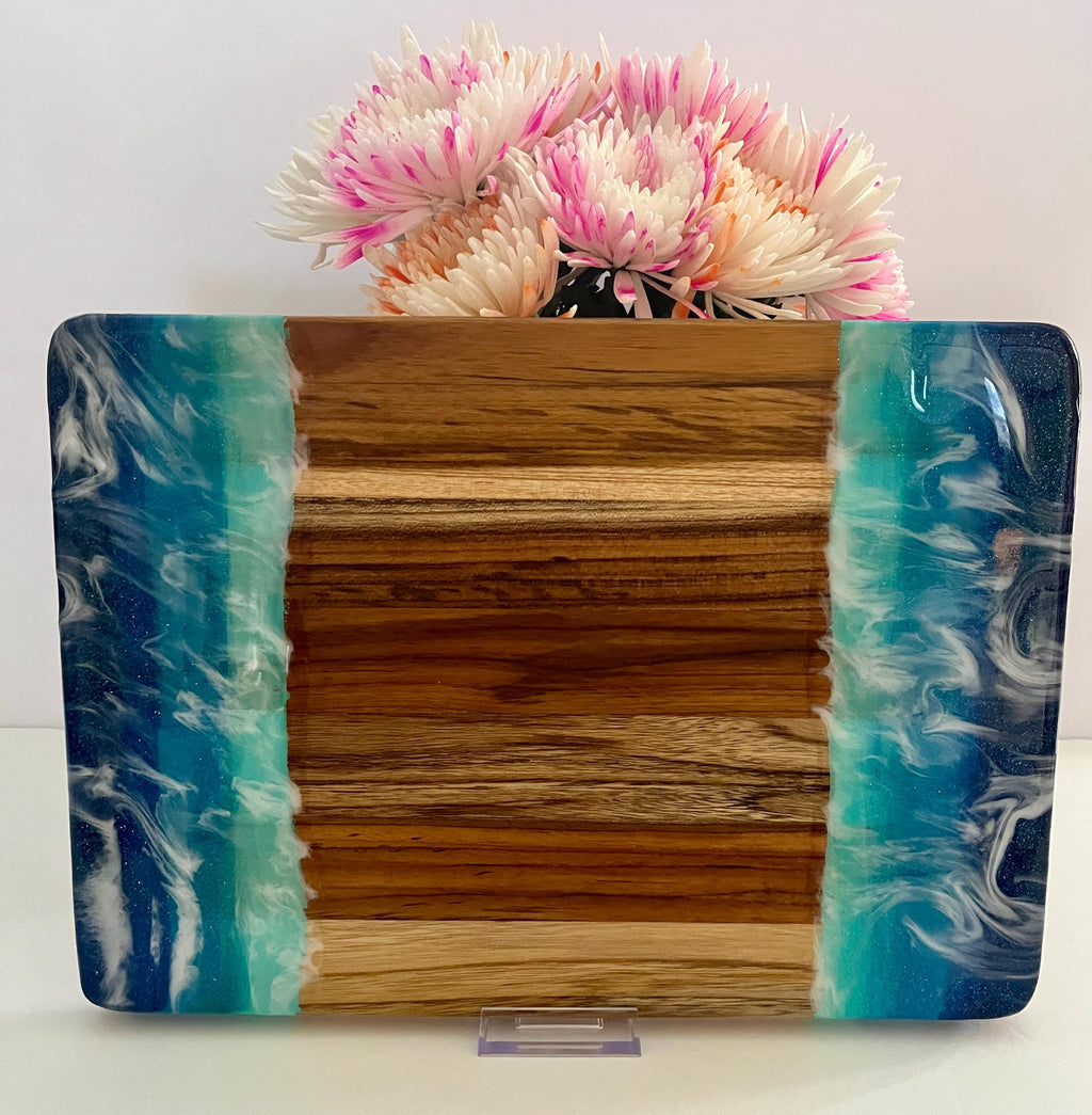 Ocean Resin Art Charcuterie Board: Acacia Wood Coastal Serving Tray