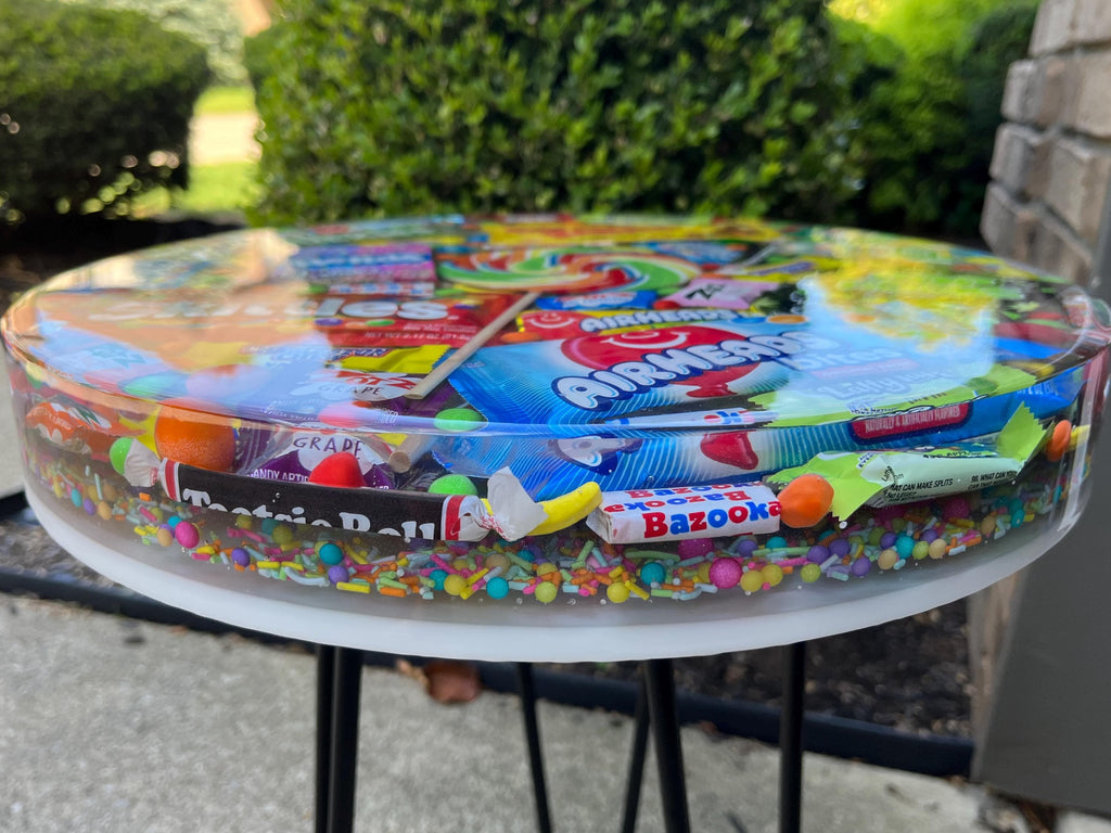 Candy-filled resin top accent table