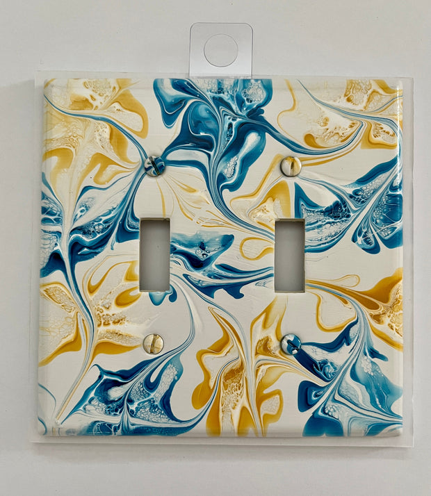 Hand Painted Double Toggle Light Switch Cover: Blue, Yellow, and White