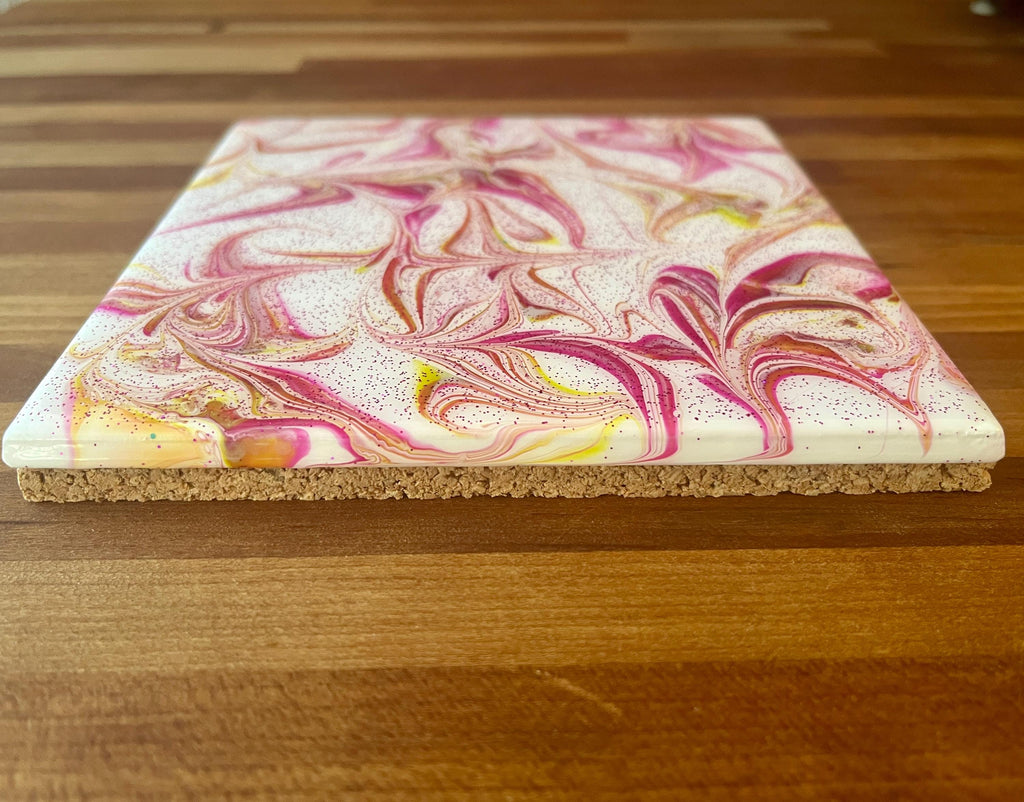 Hand Painted Magenta Trivet with a touch of light green, Food-Safe, Heat-Resistant, One-of-a-Kind Kitchen Art
