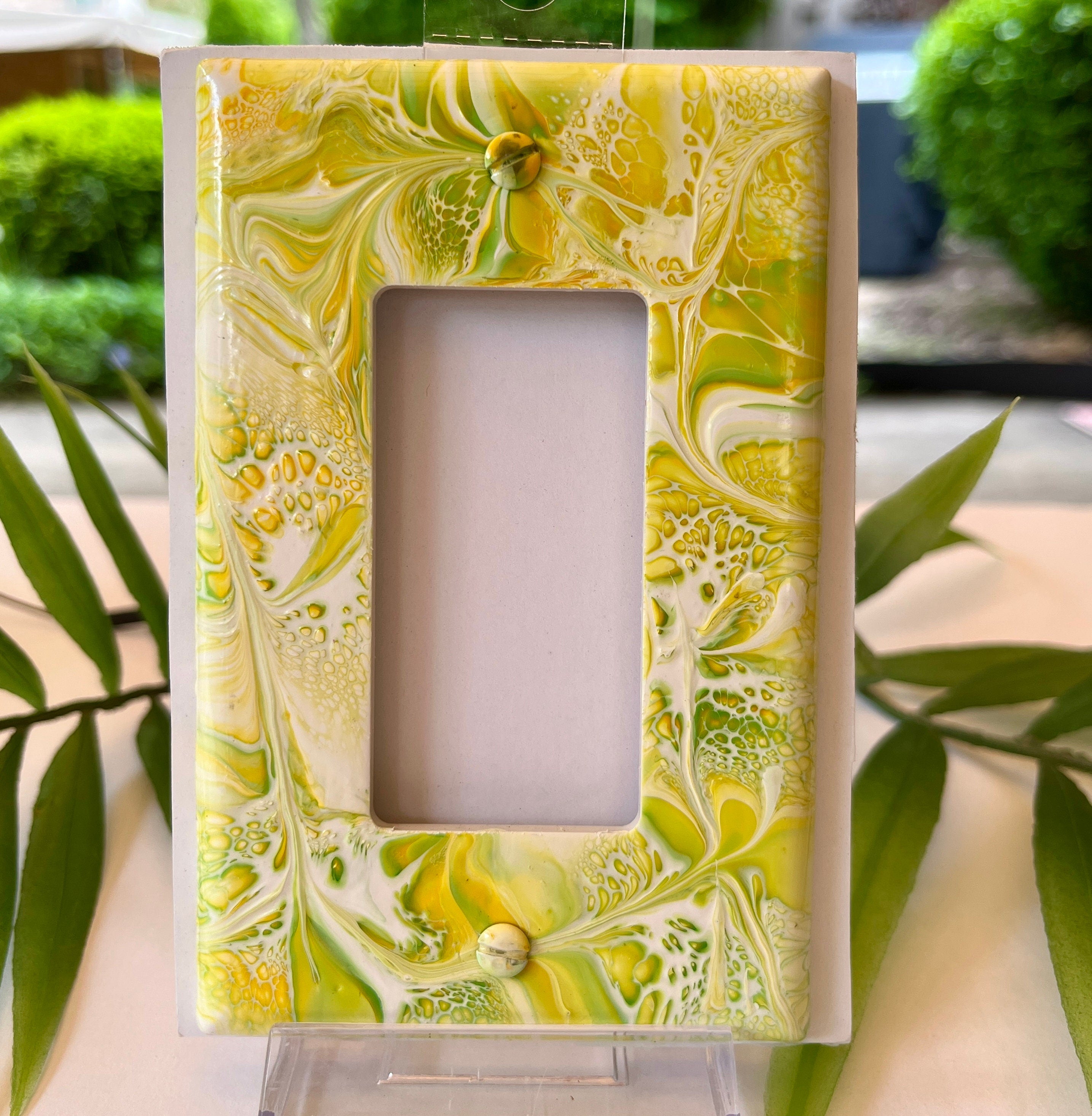 Hand Painted Rocker Switch Plate: Yellow Green Pour Art Decor