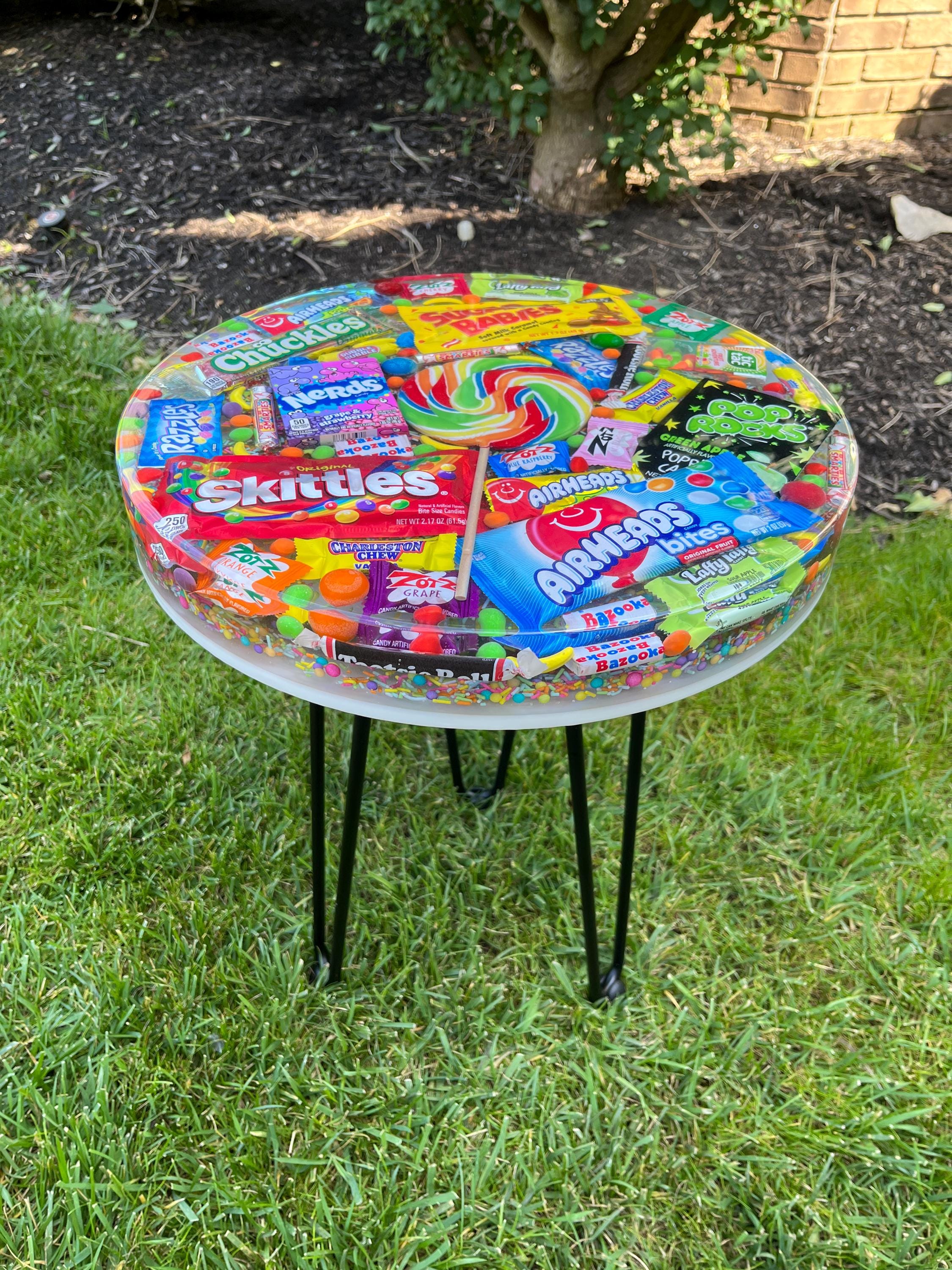 Candy-filled resin top accent table