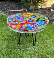 Candy-filled resin top accent table