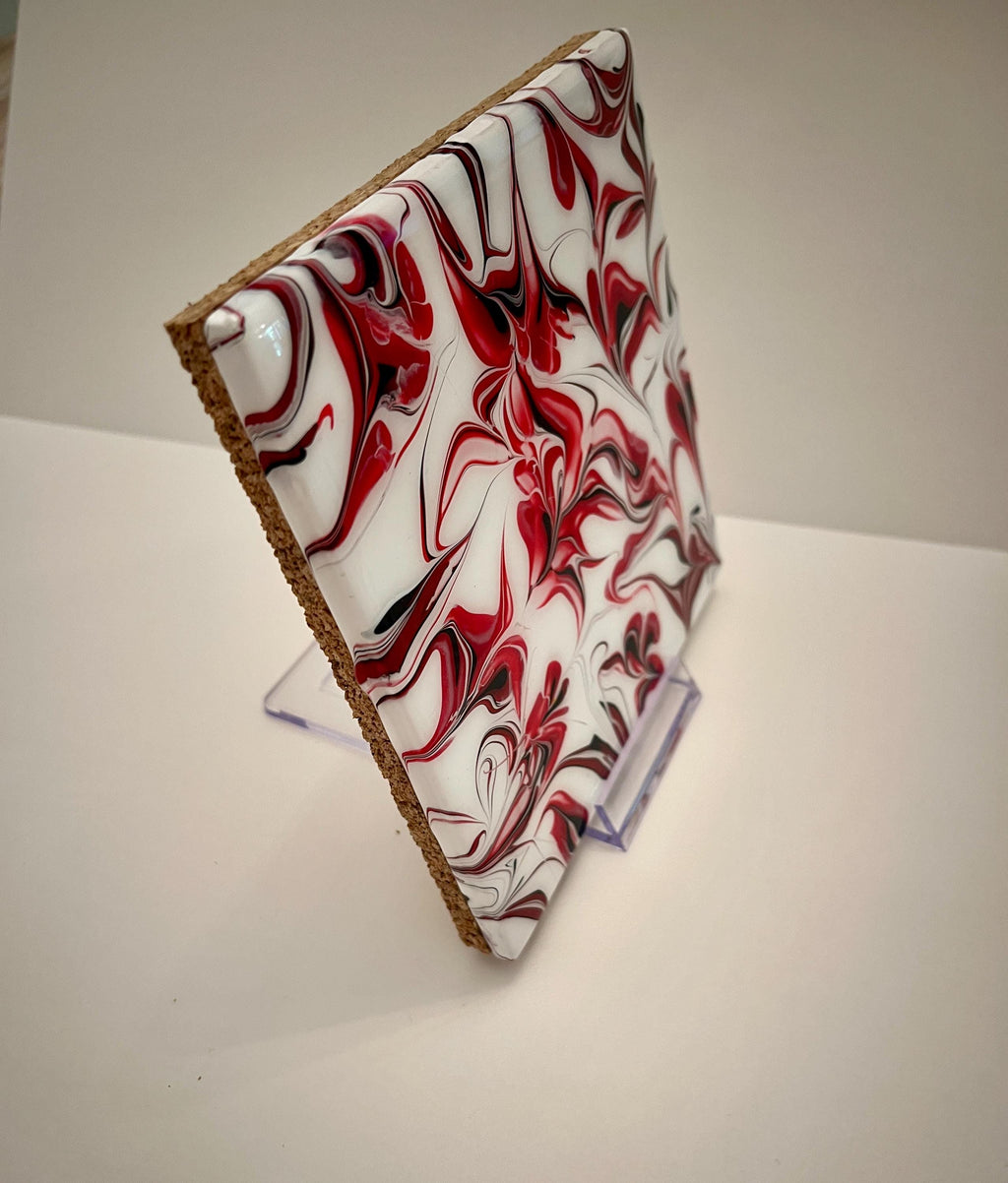 Hand Painted Red, Black and White Tile Trivet, Food-Safe, Heat-Resistant, One-of-a-Kind Kitchen Art