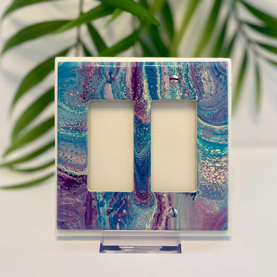 Hand Painted Double Decora Switch Plate Cover: Purple, Aqua & Ivory