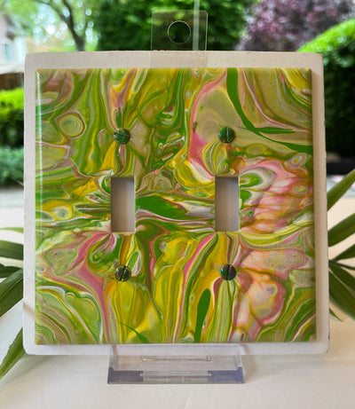 Hand Painted Double Toggle Light Switch Cover: Pink, Green, and Yellow