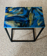 Hand-Painted Epoxy Resin C Table: Blue and Gold Marble Accent Table