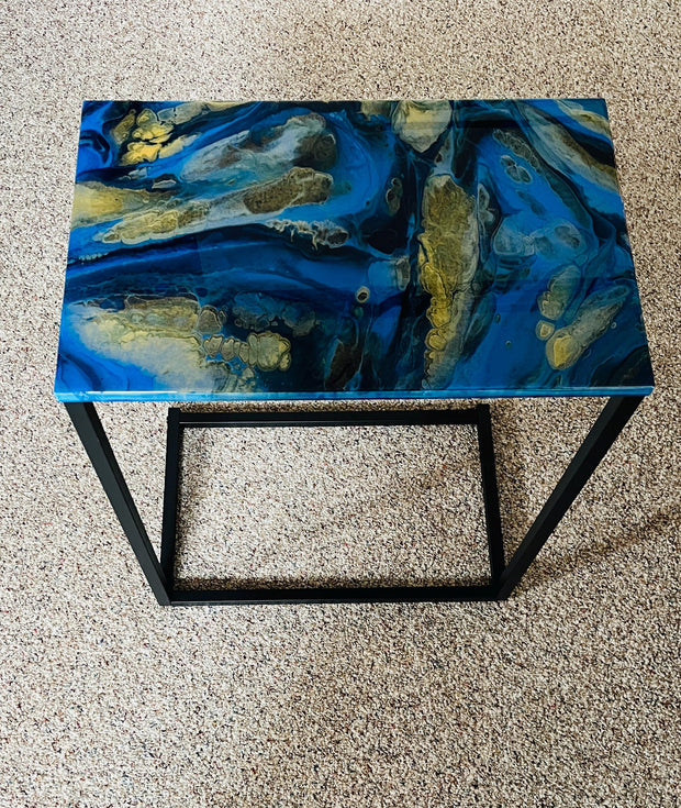 Hand-Painted Epoxy Resin C Table: Blue and Gold Marble Accent Table