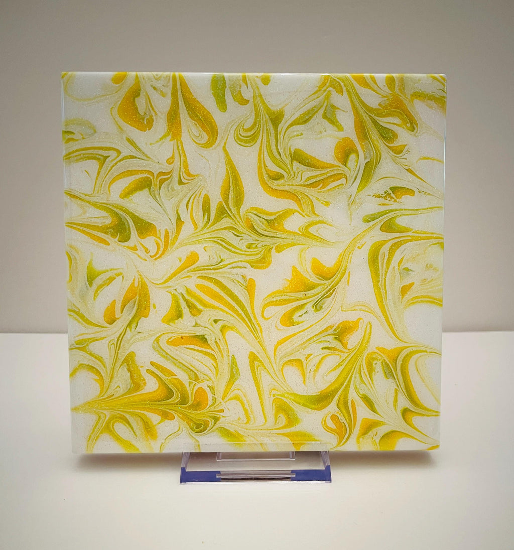 Hand Painted Tile Trivet: Yellow, Green, Iridescent Kitchen Art