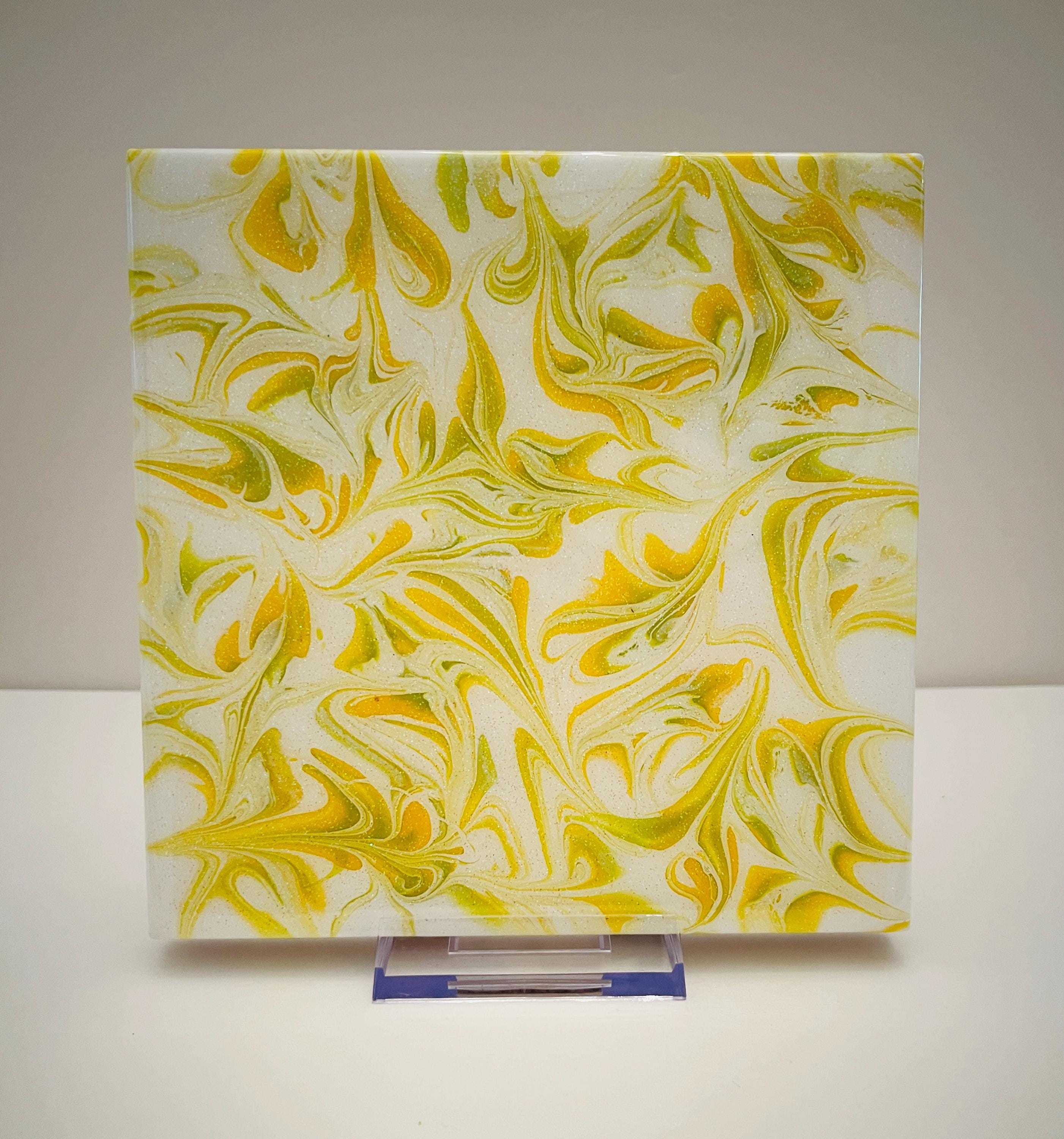 Hand Painted Tile Trivet: Yellow, Green, Iridescent Kitchen Art