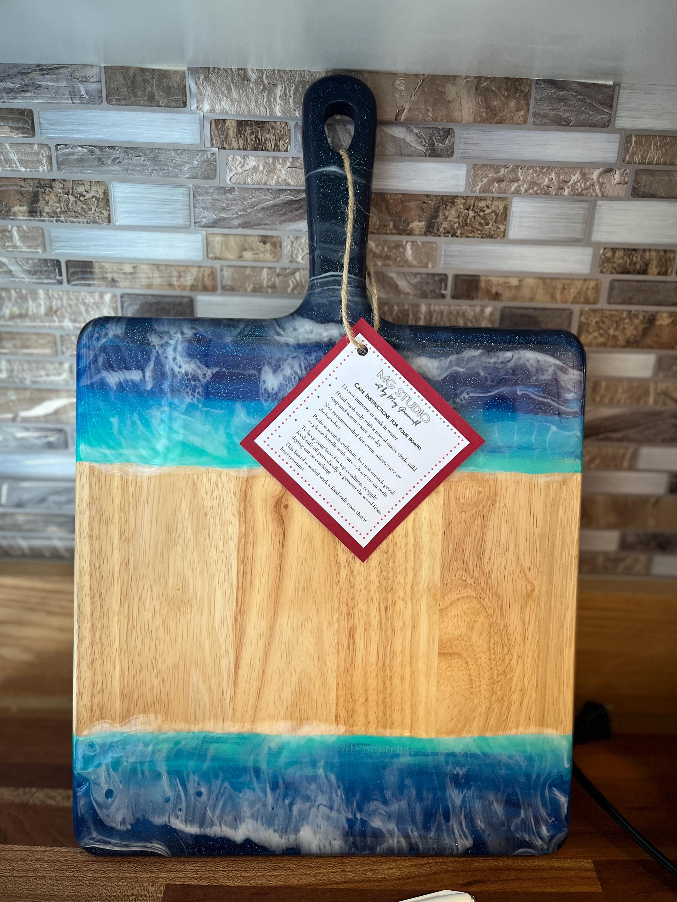 Beach-Themed Acacia Wood Charcuterie Board | Hand-Painted & Resin-Sealed | 17"x11"