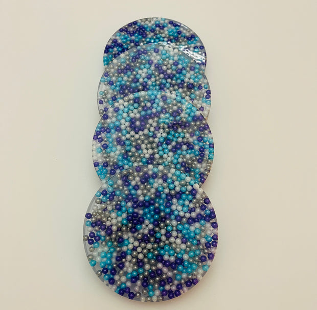 Resin Coaster Set with Purple, Blue, Silver and White Sprinkles