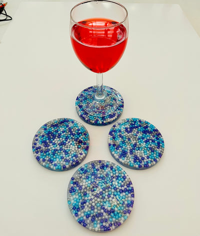 Resin Coaster Set with Purple, Blue, Silver and White Sprinkles