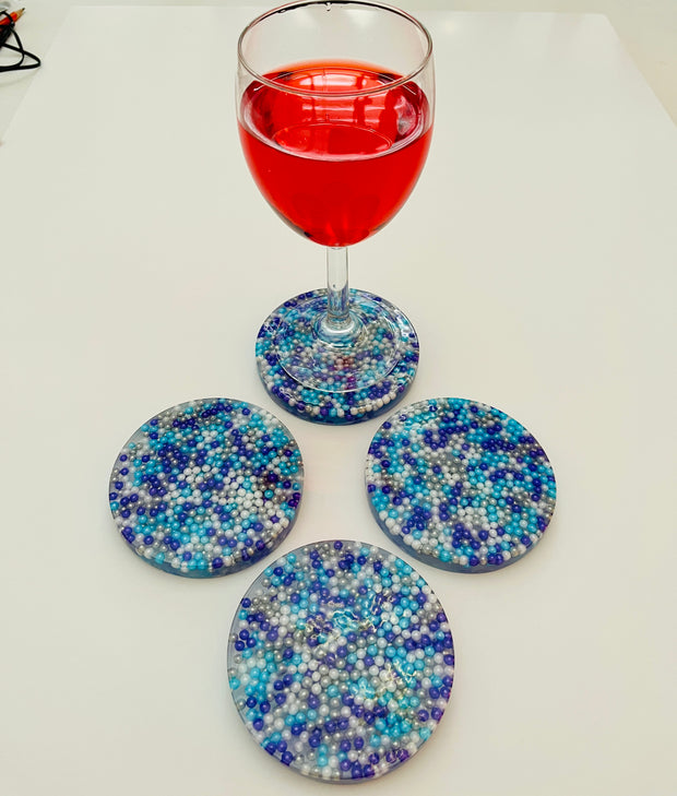 Resin Coaster Set with Purple, Blue, Silver and White Sprinkles