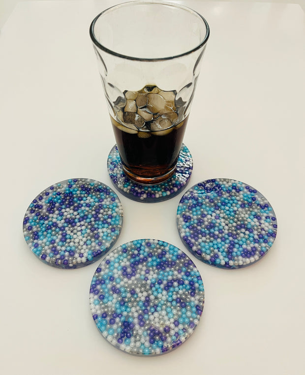 Resin Coaster Set with Purple, Blue, Silver and White Sprinkles
