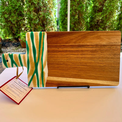 Handmade Acacia Wood Charcuterie Board: Green, Gold & White Resin
