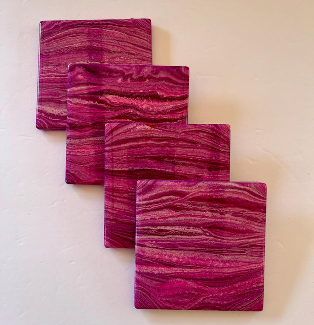 Hand-Painted Marble Coaster Set: Pink & Magenta Ceramic Drink Coasters