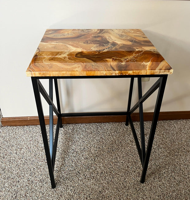 Unique Resin Art Accent Table | Gold & Brown Swirl with Glossy Epoxy Finish