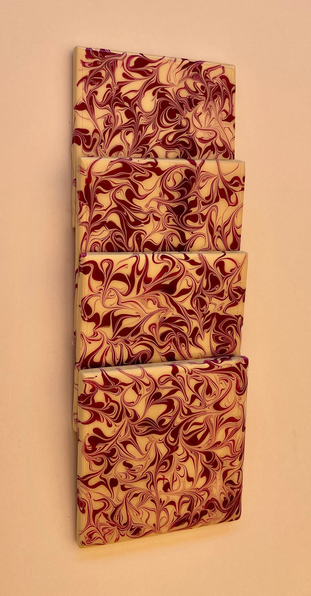 Purple and Ivory Swirl Coaster Set - Handmade Ceramic Tiles, Cork Backing, Resin Sealed