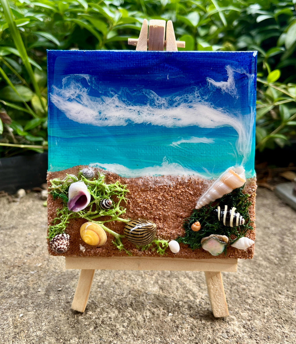 Miniature Beach Canvas Art: Real Sand & Seashell Seascape with Easel