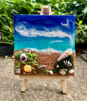 Miniature Beach Canvas Art: Real Sand & Seashell Seascape with Easel