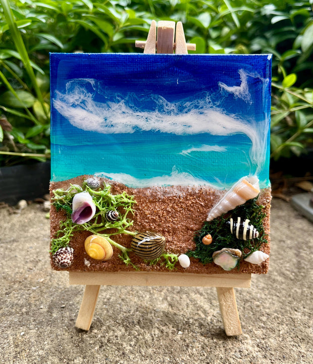 Miniature Beach Canvas Art: Real Sand & Seashell Seascape with Easel