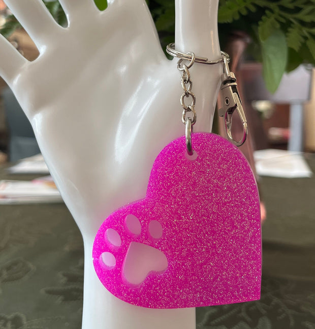 Glitter Heart Paw Print Keychain: Gift for Dog Mom