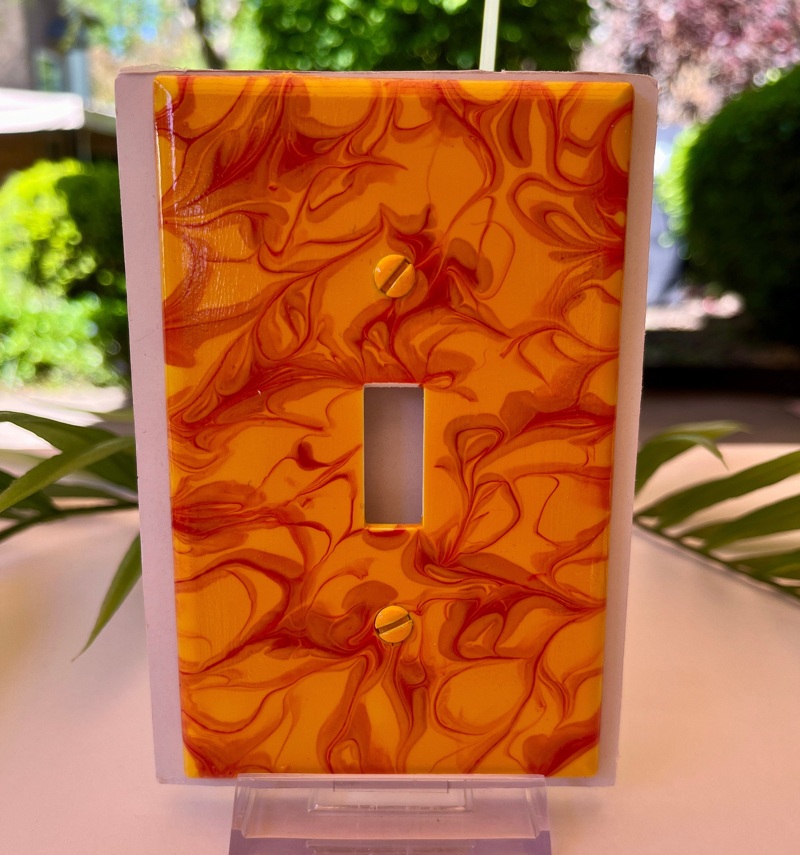 Hand-Painted Single Toggle Light Switch Cover: Red & Yellow Swirl