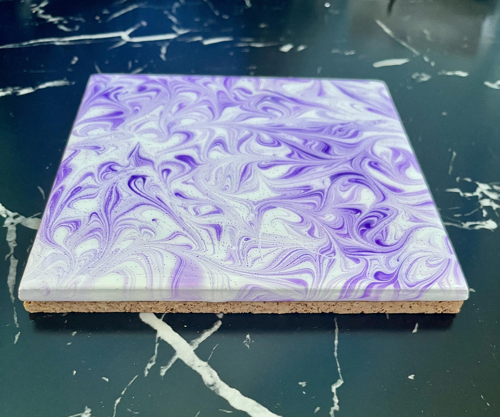 Hand Painted Purple Lavender and White Tile Trivet, Food-Safe, Heat-Resistant, One-of-a-Kind Kitchen Art