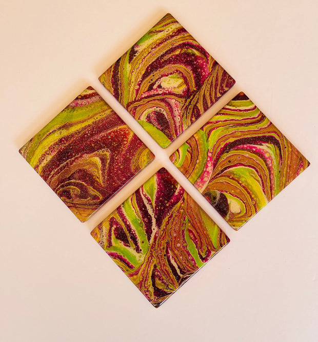 Ceramic Tile Coaster Set: Purple and Green Swirl, Resin Sealed (Set of 4)