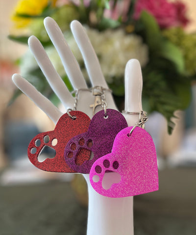 Glitter Heart Paw Print Keychain: Gift for Dog Mom