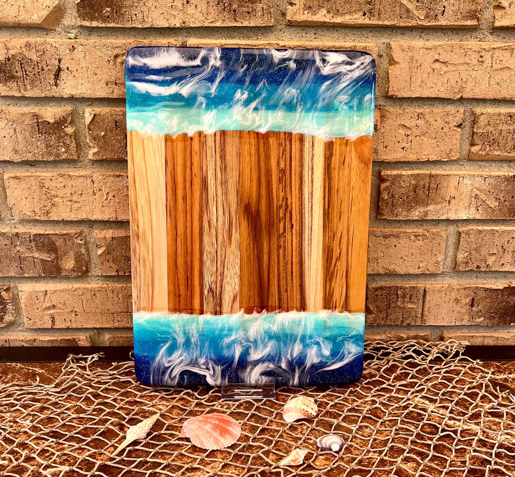 Ocean Resin Art Charcuterie Board: Acacia Wood Coastal Serving Tray