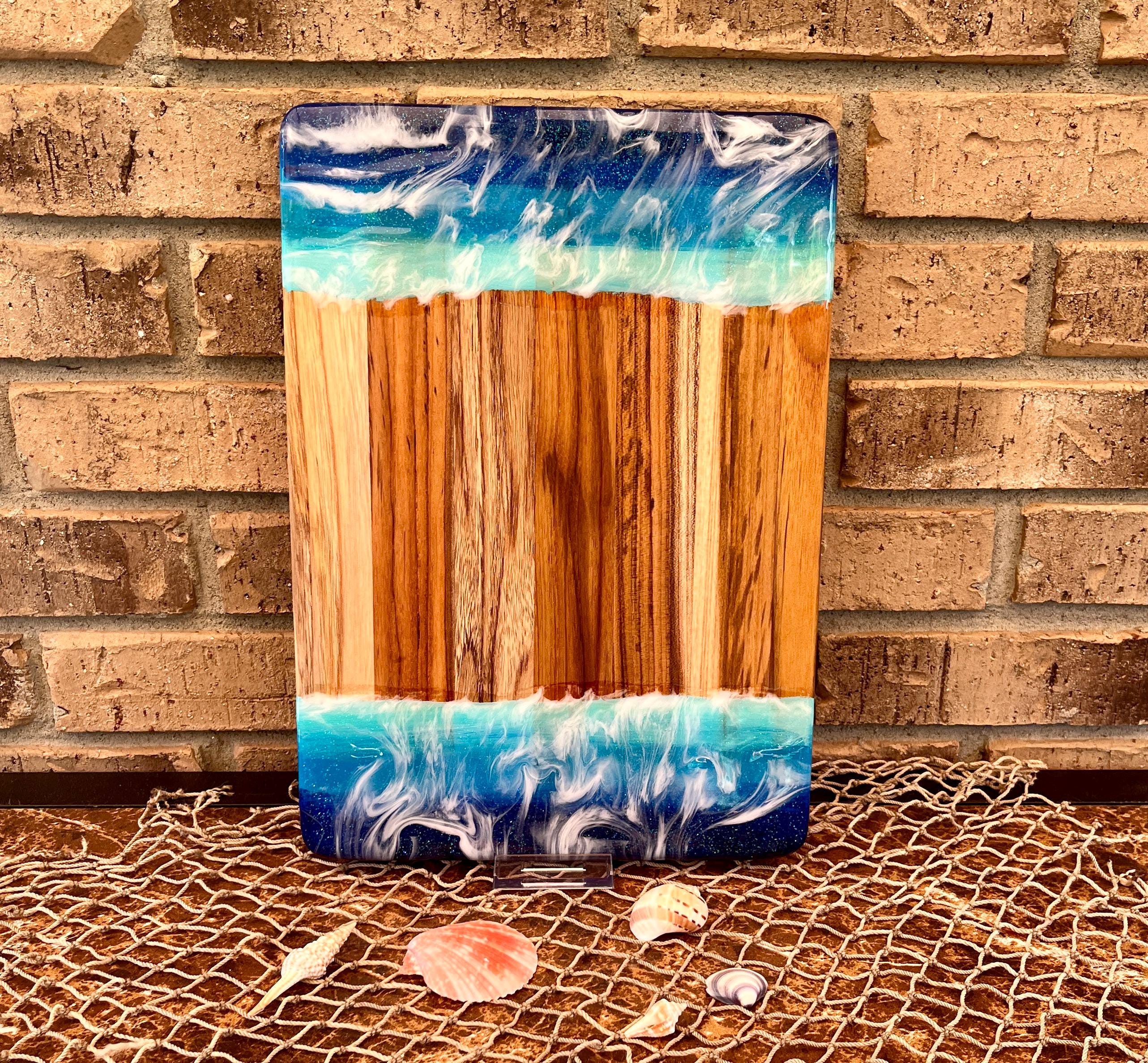 Ocean Resin Art Charcuterie Board: Acacia Wood Coastal Serving Tray