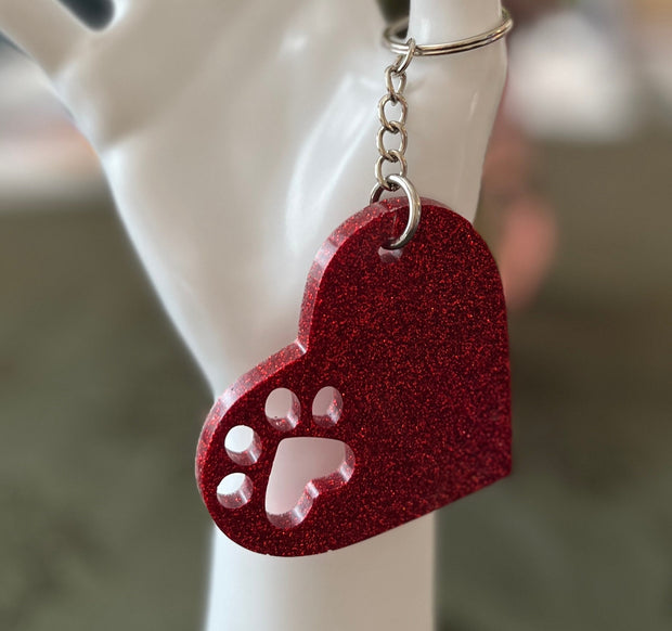 Glitter Heart Paw Print Keychain: Gift for Dog Mom
