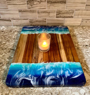 Ocean Resin Art Charcuterie Board: Acacia Wood Coastal Serving Tray