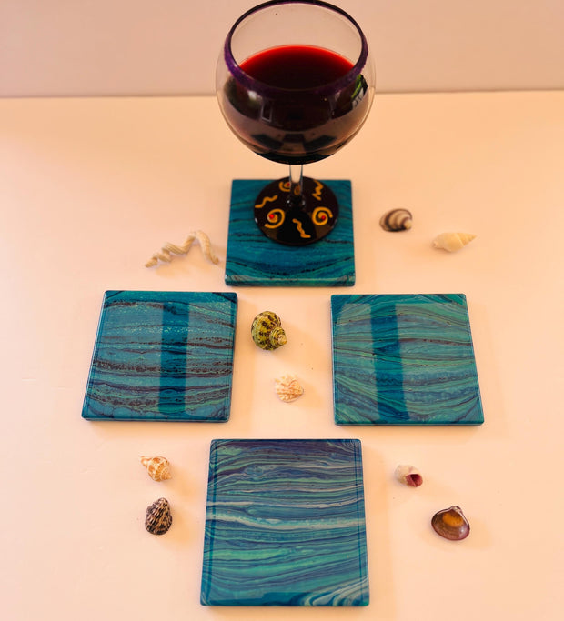 Ocean Ceramic Coaster Set: Resin Sealed Coastal Decor
