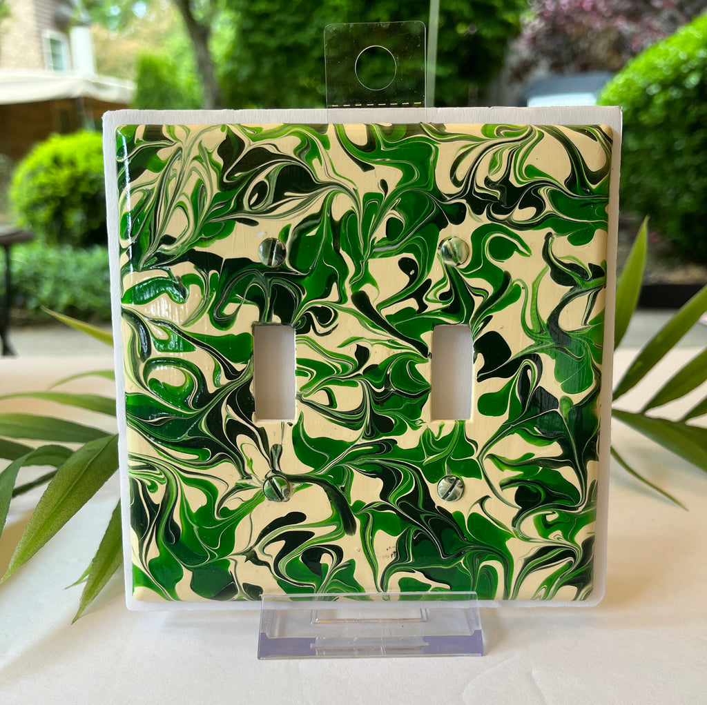 Hand Painted Double Toggle Switch Plate: Green & Ivory Swirl