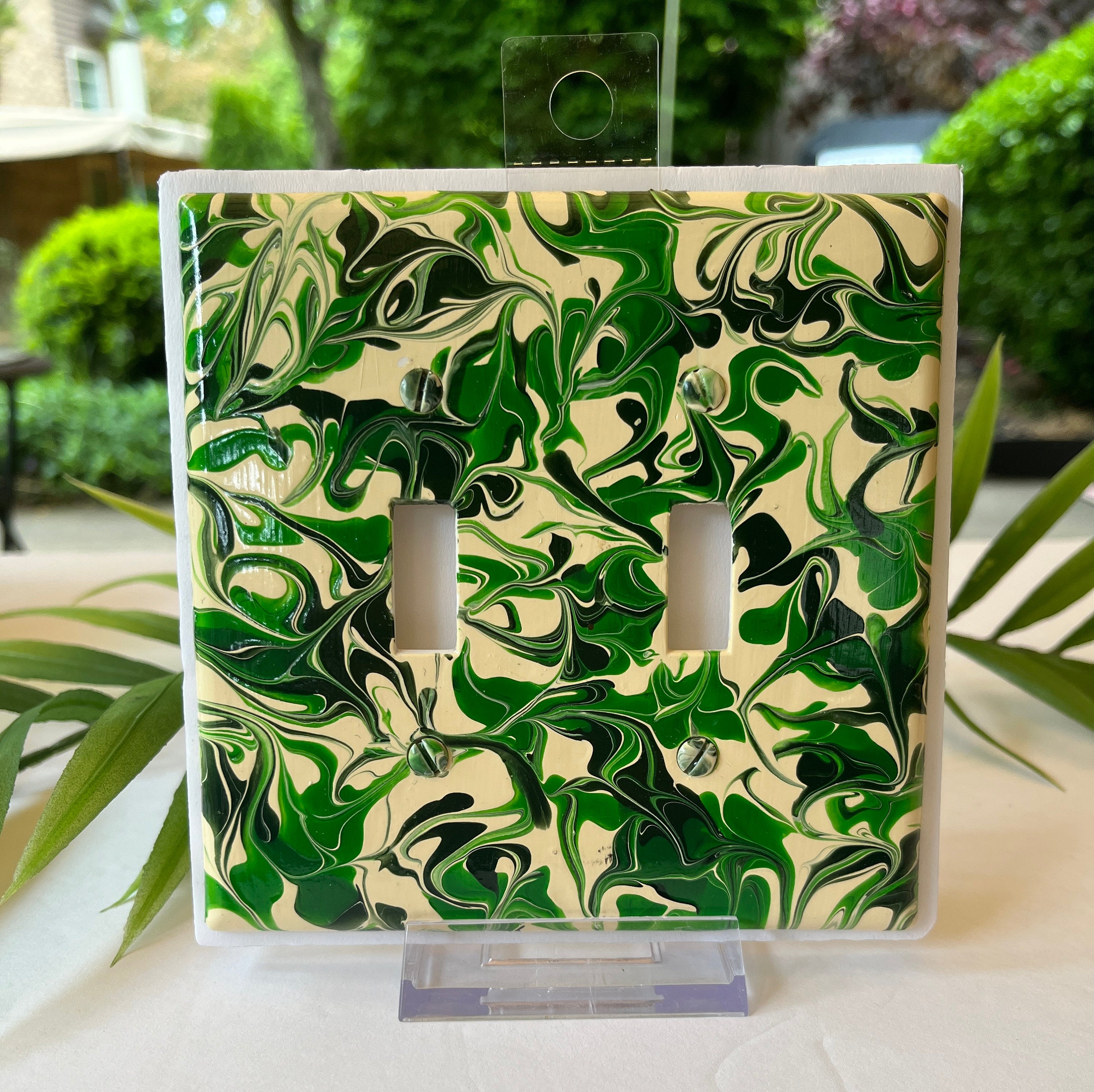 Hand Painted Double Toggle Switch Plate: Green & Ivory Swirl